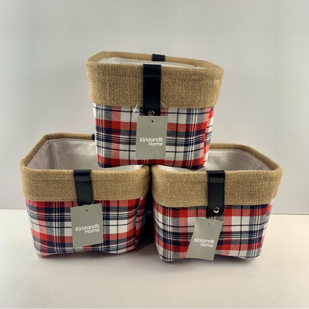 3 Ct Kirkland’s Home Natural Jute & Plaid 8x8x6 Mini Storage Bins Red and Blue